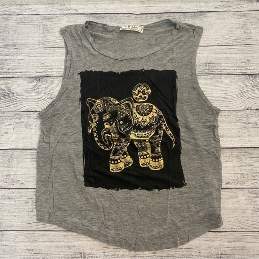 U Love Closet Gray Black Gold Elephant Tank Top Rounded hem Size Medium